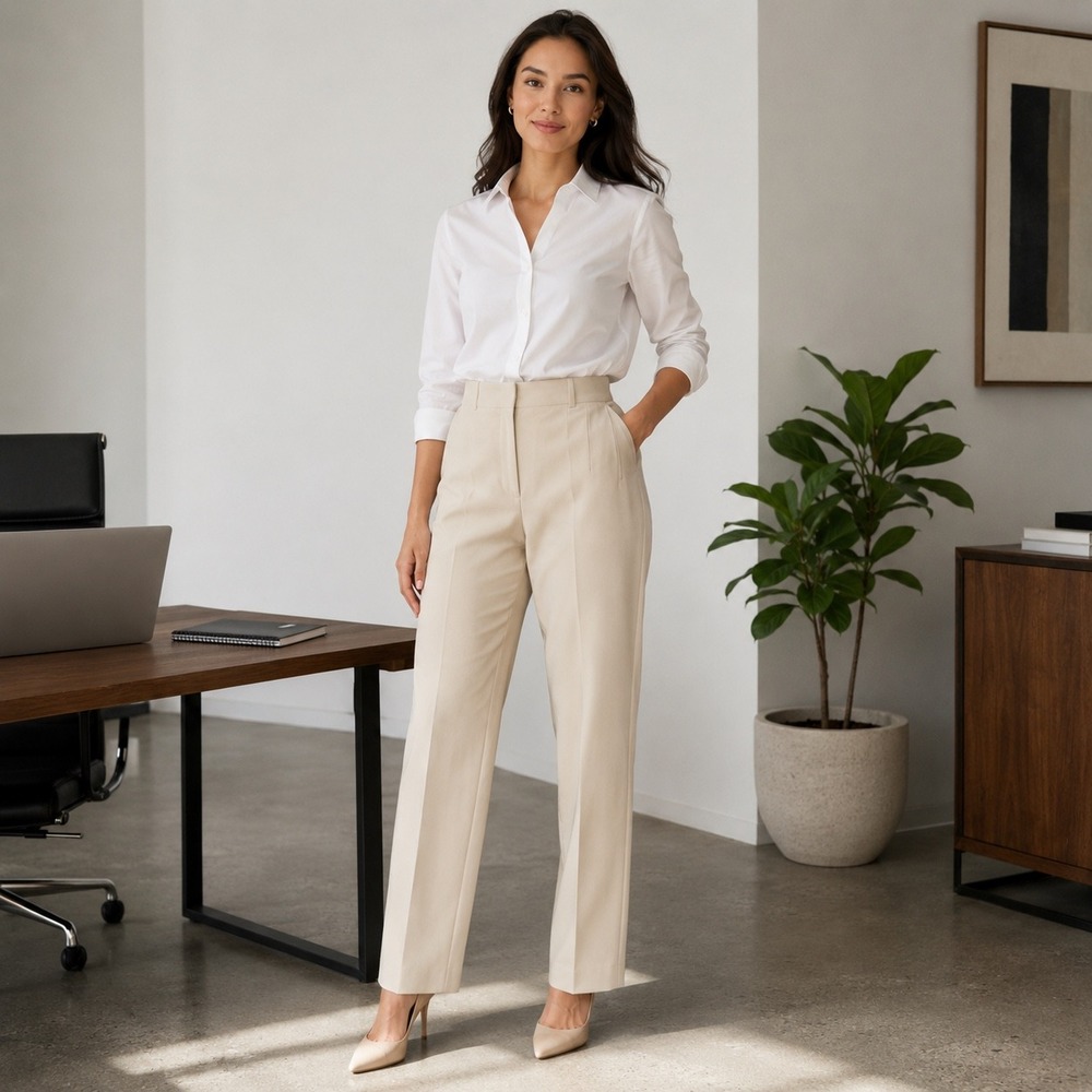 Zara Womens Tailored Trousers L 30 Cream Beige High Rise Straight Leg Pants